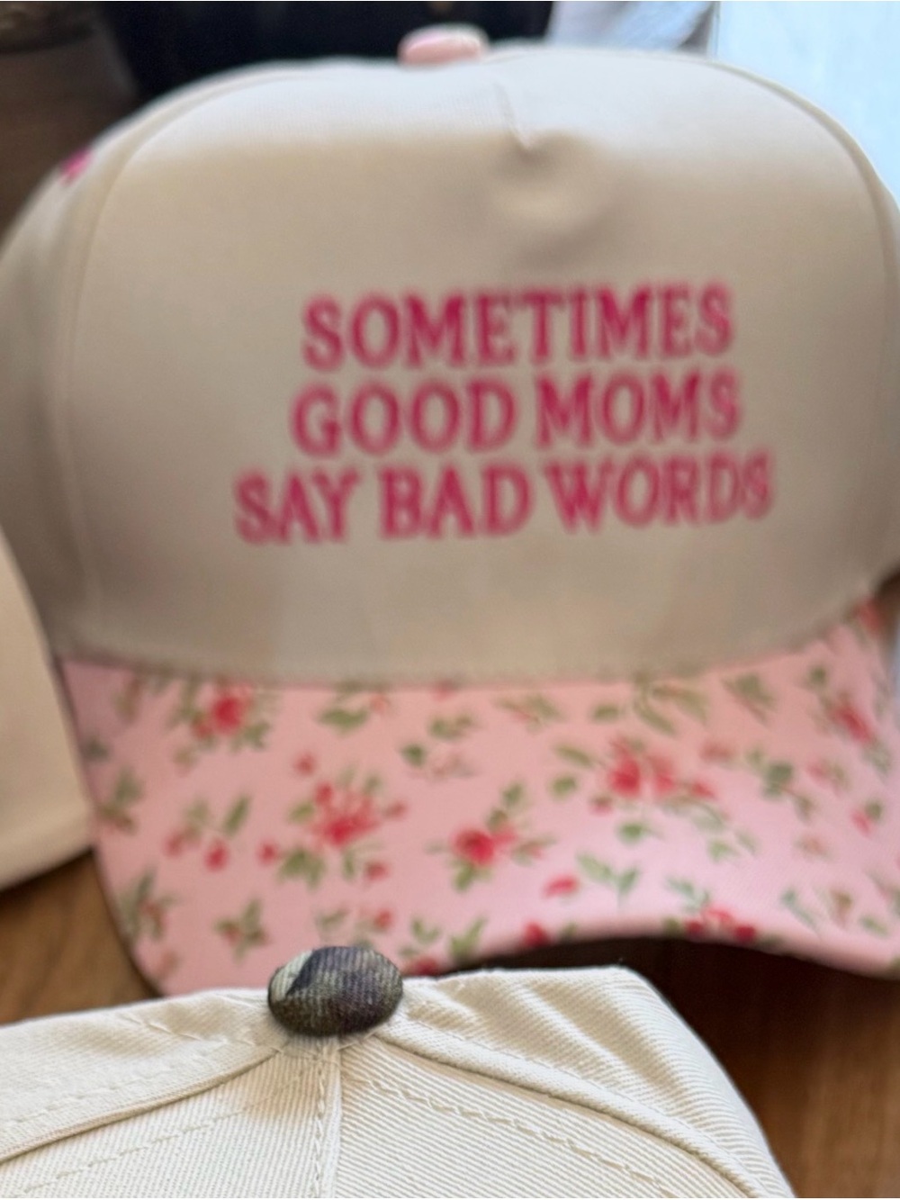 Unk Cream and Pink Floral Trucker Hat with Embroidered Slogan